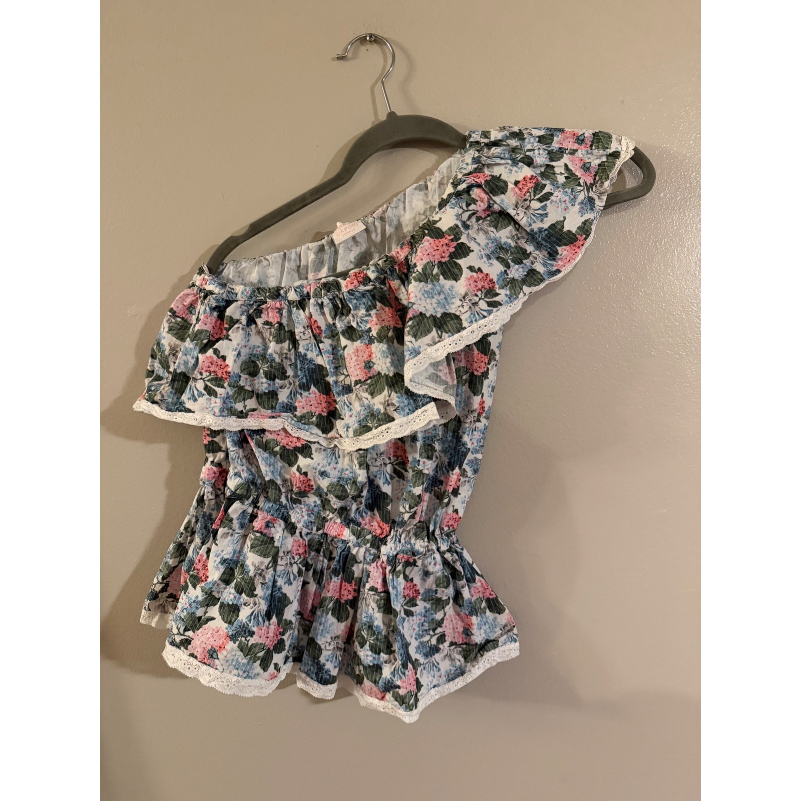 Loretta Caponi Firenze Floral One Shoulder Ruffle Lace Trim Cotton Top Medium